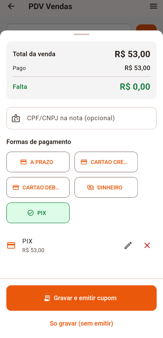 PDV no celular: Pagamento e cupom fiscal