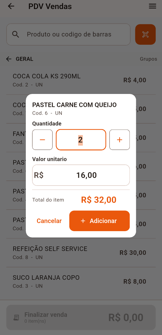 PDV no celular: Quantidade e preço